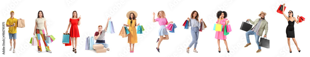 Set of different people with shopping bags isolated on white Set of different people with shopping bags isolated on white