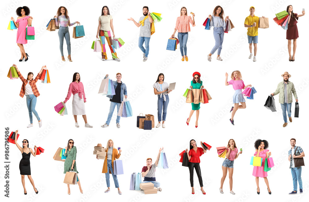 Set of many different people with shopping bags on white background Set of many different people with shopping bags on white background