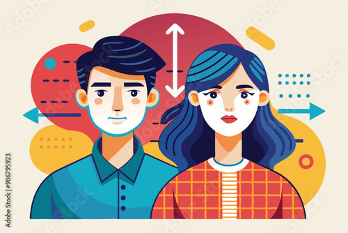 A couple stands side by side, showcasing unique styles, expressions, and colorful design elements, Customizable illustration of a couple with disproportionate features.