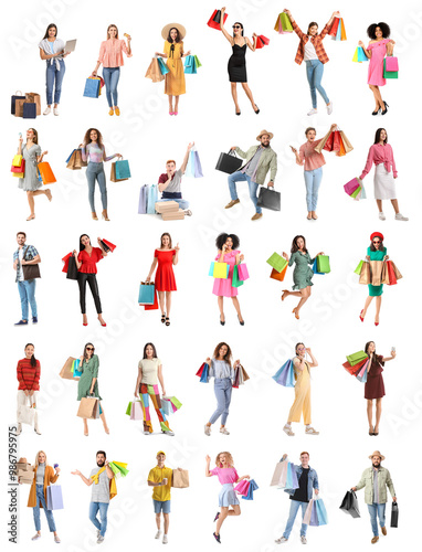 Set of different people with shopping bags on white background
