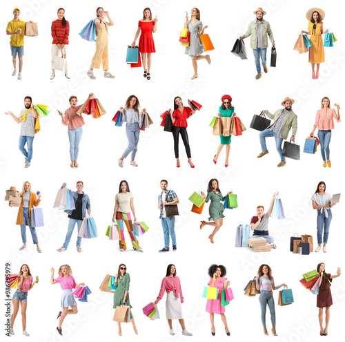 Set of different people with shopping bags on white background