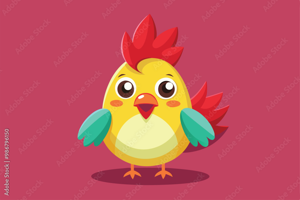 A cute chicken character features colorful plumage and a joyful expression, perfect for customization, Customizable flat illustration of a cute chicken. A cute chicken character features colorful plumage and a joyful expression, perfect for customization, Customizable flat illustration of a cute chicken.