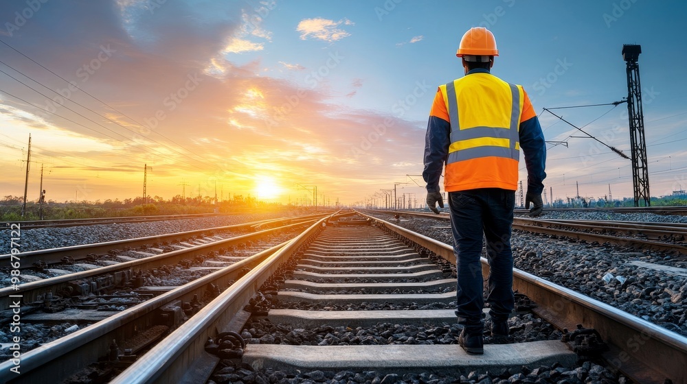 Fototapeta premium Worker on Railroad Tracks at Sunset