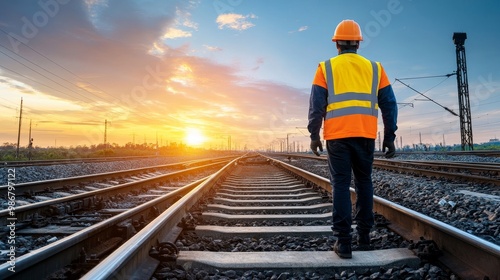 Worker on Railroad Tracks at Sunset