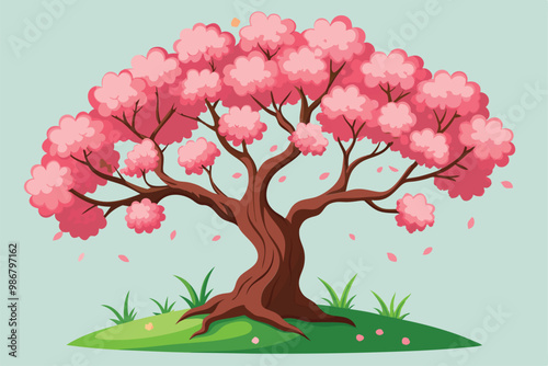 A vibrant cherry blossom tree with pink flowers stands on green grass, creating a peaceful atmosphere, Customizable illustration of a disproportionate DJ boy.