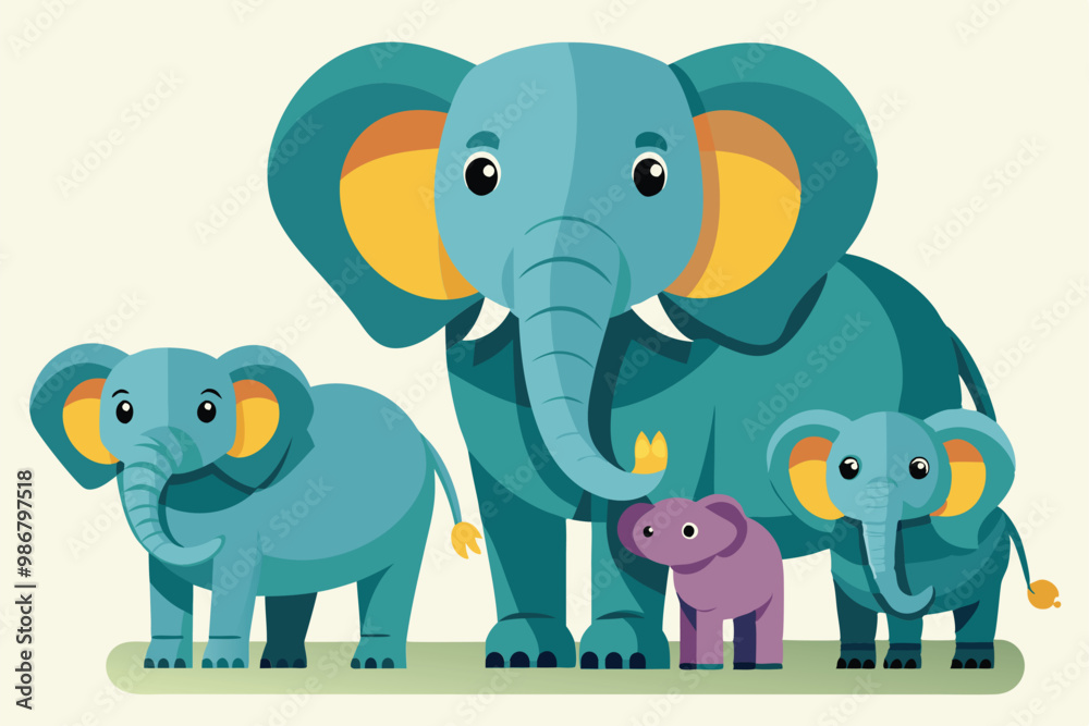 A cheerful group of playful elephants in vibrant colors stands together in a whimsical setting, Customizable illustration of disproportionate eyes. A cheerful group of playful elephants in vibrant colors stands together in a whimsical setting, Customizable illustration of disproportionate eyes.