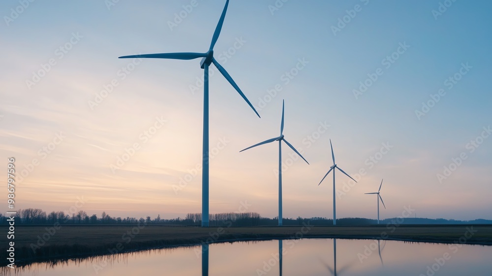 Wind turbines reflected in a pond, peaceful scene, wide shot, morning light