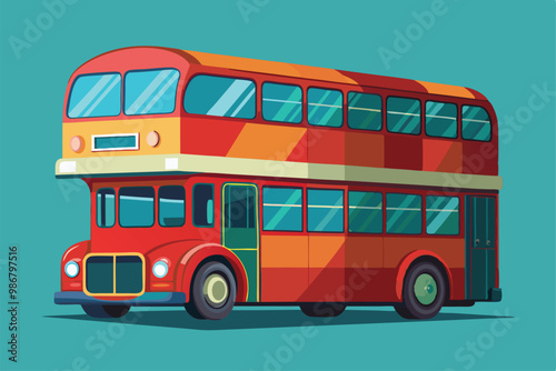A stylish double-decker bus stands out in vibrant colors against a solid backdrop, showcasing artful design, Customizable illustration of a disproportionate DJ boy.