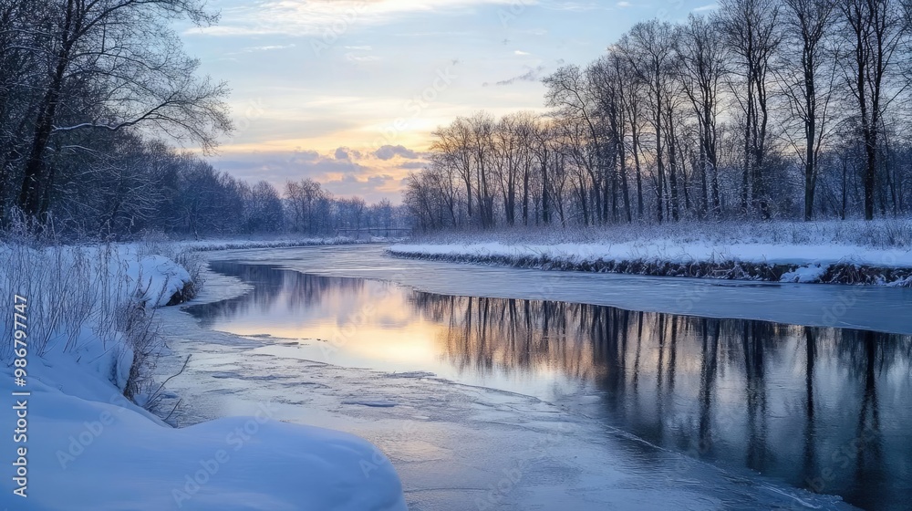 A serene winter landscape featuring a tranquil river surrounded by frosty trees and a vibrant sunset reflecting on the water.