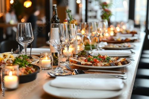 Flow of Form : A long dining table with candles leading towards a gourmet meal. Generative AI.