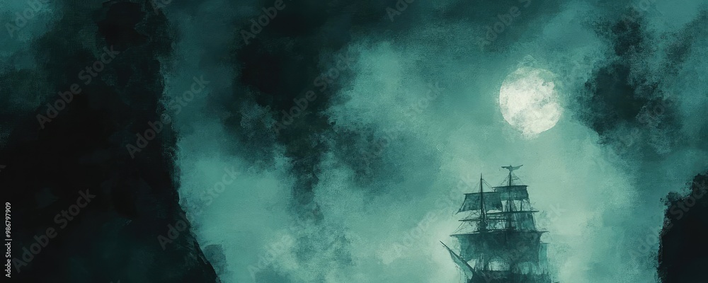 Fototapeta premium A mysterious ship navigates through foggy waters under a full moon, creating an eerie and enchanting atmosphere.