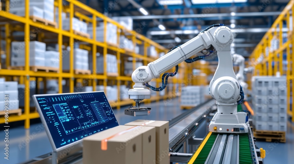 Industrial robot on a conveyor belt in a modern warehouse. Concept of automation, robotics, and advanced manufacturing. Industrial robot on a conveyor belt in a modern warehouse. Concept of automation, robotics, and advanced manufacturing.