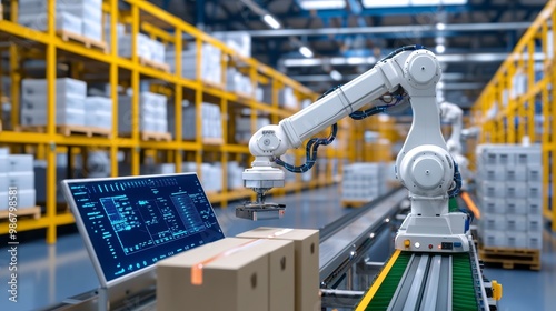 Industrial robot on a conveyor belt in a modern warehouse. Concept of automation, robotics, and advanced manufacturing.