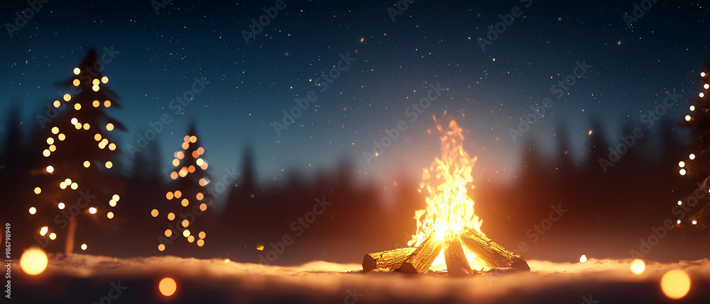 Campfire surrounded by snow-covered trees under a starry sky, creating a warm and inviting atmosphere for outdoor gatherings. Campfire surrounded by snow-covered trees under a starry sky, creating a warm and inviting atmosphere for outdoor gatherings.
