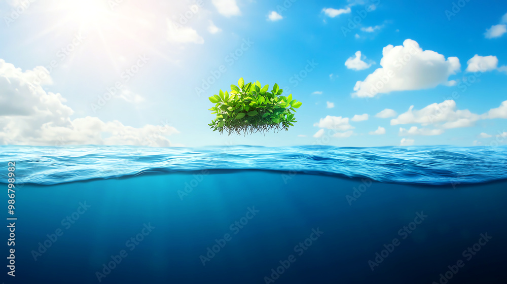 Fototapeta premium Green island flourishing in the blue ocean under a bright sun, surrounded by clear skies and fluffy clouds, representing nature's beauty.