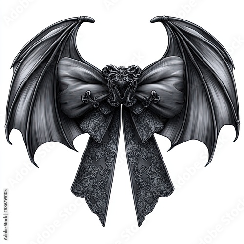Gothic Bat Wings with Elegant Bow, Intricate illustration of gothic bat wings adorned with a detailed lace pattern and a sleek bow, blending spooky and elegant aesthetics.

