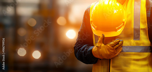 Construction worker wearing a safety vest and holding a yellow hard hat, symbolizing safety and labor in industrial environments. photo