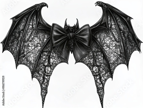 Gothic Bat Wings with Elegant Bow, Intricate illustration of gothic bat wings adorned with a detailed lace pattern and a sleek bow, blending spooky and elegant aesthetics.

