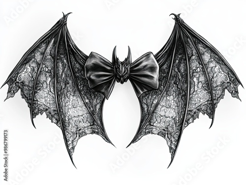Gothic Bat Wings with Elegant Bow, Intricate illustration of gothic bat wings adorned with a detailed lace pattern and a sleek bow, blending spooky and elegant aesthetics.

