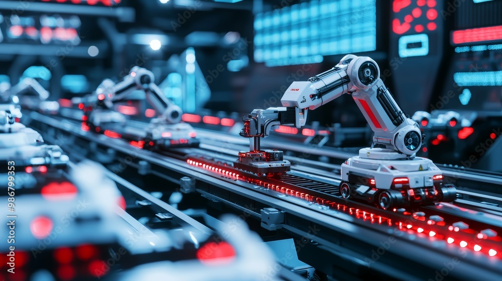 Naklejka premium A high-tech assembly line featuring automated robotic arms and illuminated controls, showcasing advanced manufacturing in a futuristic setting.