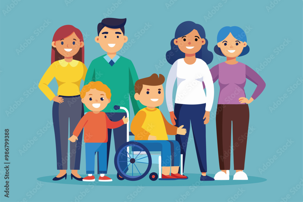 A diverse family stands together, smiling, showcasing love and support for their child with a disability, Customizable illustration of a family with a disabled child.