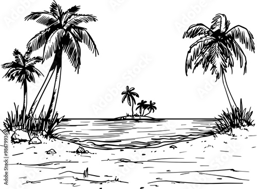 Beach scene landscape drawing