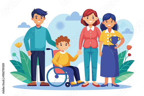 A cheerful family stands together in a garden, with one child in a wheelchair smiling at their parents, Customizable illustration of a family with a disabled child.