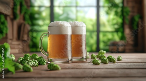 Two beer mugs on a rustic wooden table with hops in the background. Concept of craft beer and brewing ingredients.