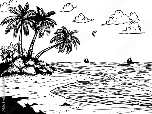 Beach scene landscape drawing