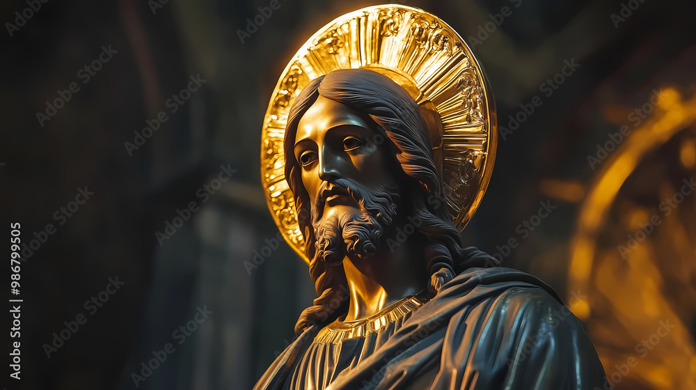 A statue of jesus christ with a golden halo on his head. Byzantine Empire. Illustration A statue of jesus christ with a golden halo on his head. Byzantine Empire. Illustration