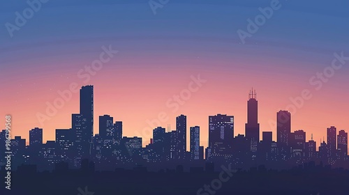 Silhouette of a modern city skyline against a colorful twilight sky. The buildings stand tall and proud, creating a striking contrast with the soft hues of the setting sun.