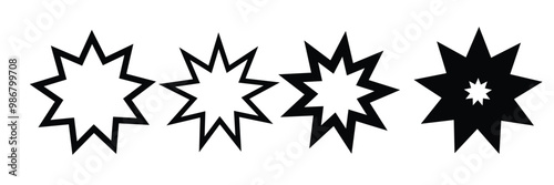 Bahai star. Black linear Baha'i symbols set. nine pointed star bahai symbol set. Religious symbol of Bahaism. Vector illustration.