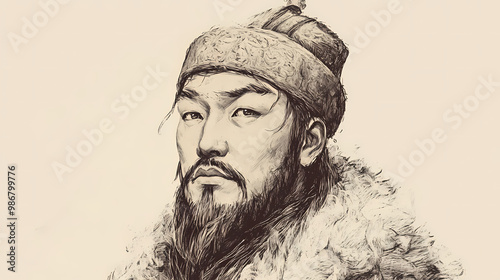 A typical citizen man of mongol empire hand drawn sketch portrait on plain white background from generative ai. Mongolian Empire. Illustration