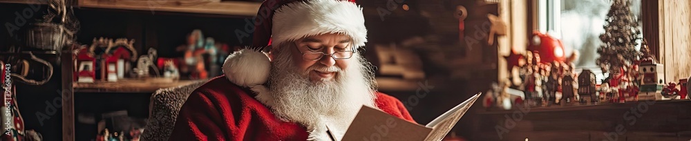 Cozy scene of Santa examining his list by the warm glow of a fireplace, surrounded by delightful holiday decorations. Cozy scene of Santa examining his list by the warm glow of a fireplace, surrounded by delightful holiday decorations.