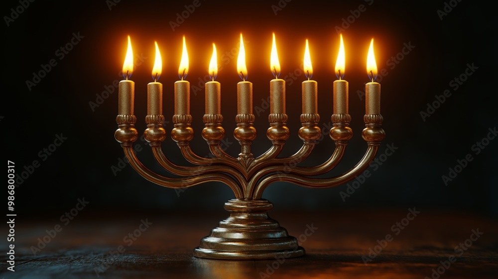 Traditional Hanukkah Menorah with Nine Lit Candles on Dark Background, Glowing Flames Illuminating the Festival of Lights Traditional Hanukkah Menorah with Nine Lit Candles on Dark Background, Glowing Flames Illuminating the Festival of Lights