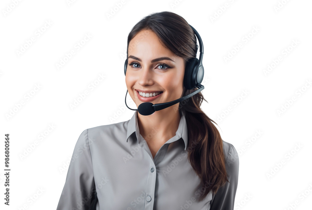 Portrait of a smiling female call center operator worker with a headset, isolated on transparent background Portrait of a smiling female call center operator worker with a headset, isolated on transparent background