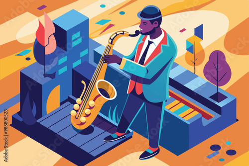 A talented saxophonist plays passionately on a city street, capturing the essence of jazz music at dusk, Customizable flat illustration of a jazz saxophonist