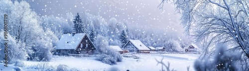 A serene winter landscape featuring snow-covered houses and trees under a gentle snowfall, evoking peace and tranquility.