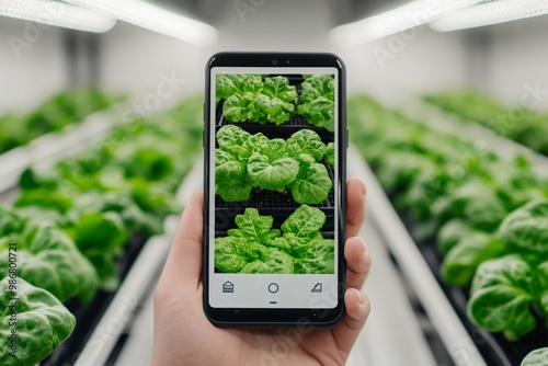 Digital app controlling the temperature and humidity of a hydroponic garden, smart agriculture, food tech innovation.