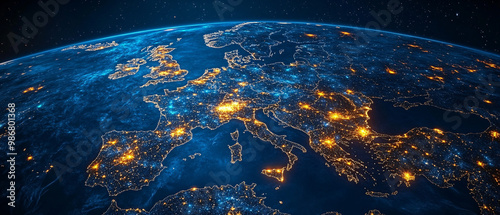 European telecommunication and data transfer networks with global internet connectivity for communication technology. Abstract map of Western Europe. Concept of European global network.