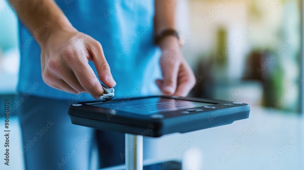 Close up view of a human hand interacting with the touchscreen interface of a modern digital device like a mobile phone or tablet in a clean contemporary workspace environment Close up view of a human hand interacting with the touchscreen interface of a modern digital device like a mobile phone or tablet in a clean contemporary workspace environment