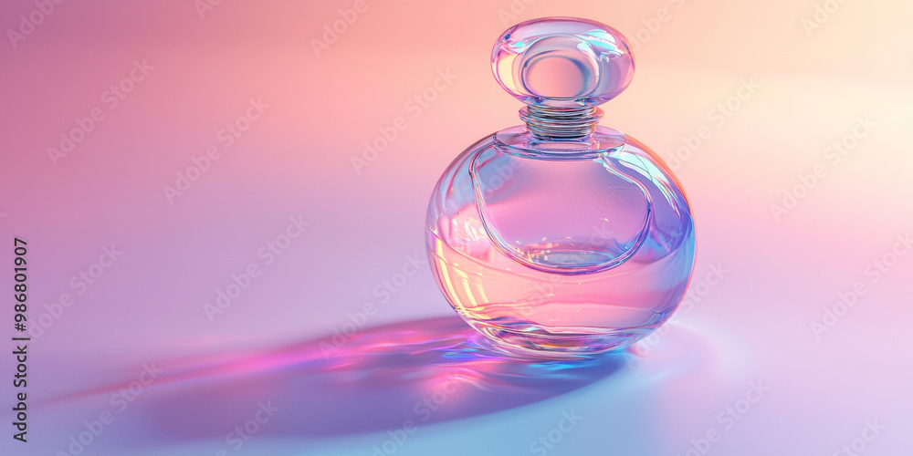 A clear glass perfume bottle with a round cap, generative AI A clear glass perfume bottle with a round cap, generative AI