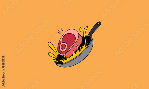 Steak sizzling in a frying pan vector illustration