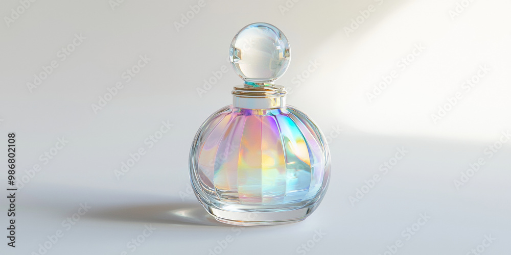 A clear glass perfume bottle with a round cap, generative AI A clear glass perfume bottle with a round cap, generative AI