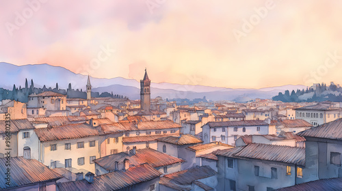 A watercolor scene capturing rooftops of florence at dusk, bathed in soft, fading lights. Renaissance Italy. Illustration