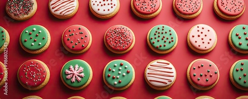 Colorful holiday cookies decorated with icing and sprinkles on a festive red background, perfect for seasonal celebrations.