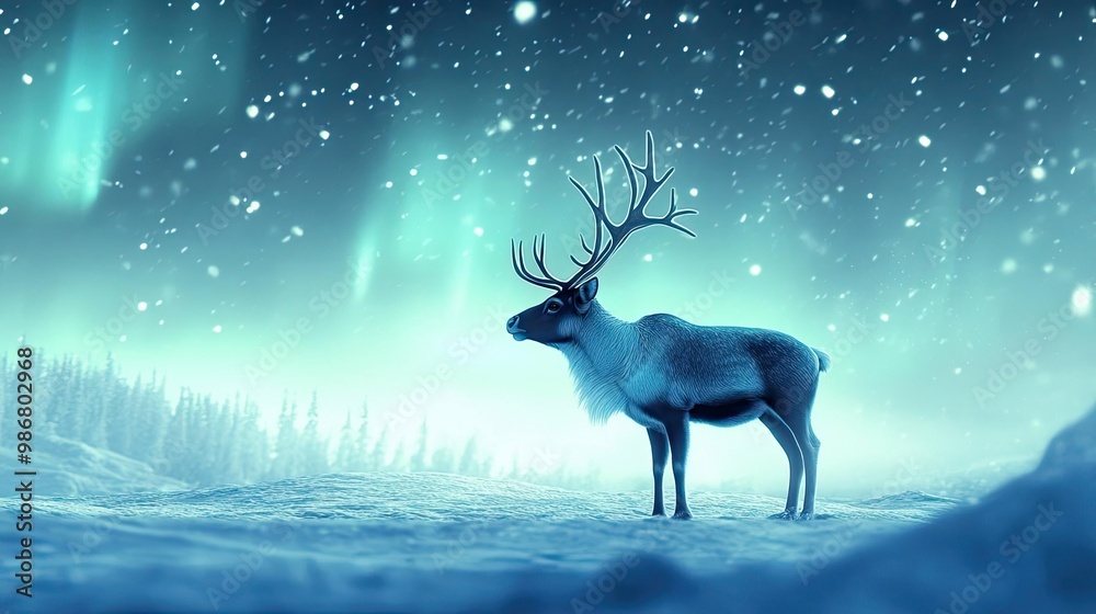 A serene reindeer stands against a magical aurora backdrop, surrounded by snowflakes in a tranquil winter landscape. A serene reindeer stands against a magical aurora backdrop, surrounded by snowflakes in a tranquil winter landscape.
