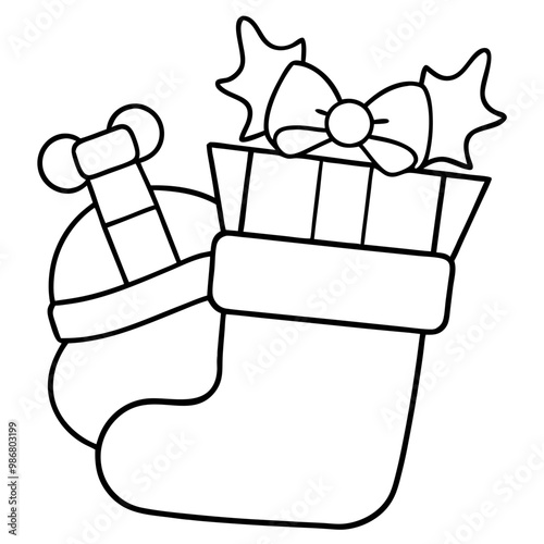 Christmas Stocking Treats: A simple line art illustration of a Christmas stocking overflowing with festive goodies, including a wrapped present and a candy cane. Perfect for holiday-themed designs and