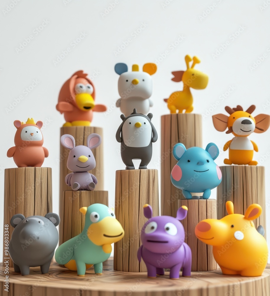 Naklejka premium Colorful animal toys arranged playfully on wooden pedestals, perfect for children's decorations and playful settings.