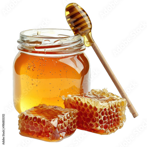 jar of honey and honeycomb on transparent background png